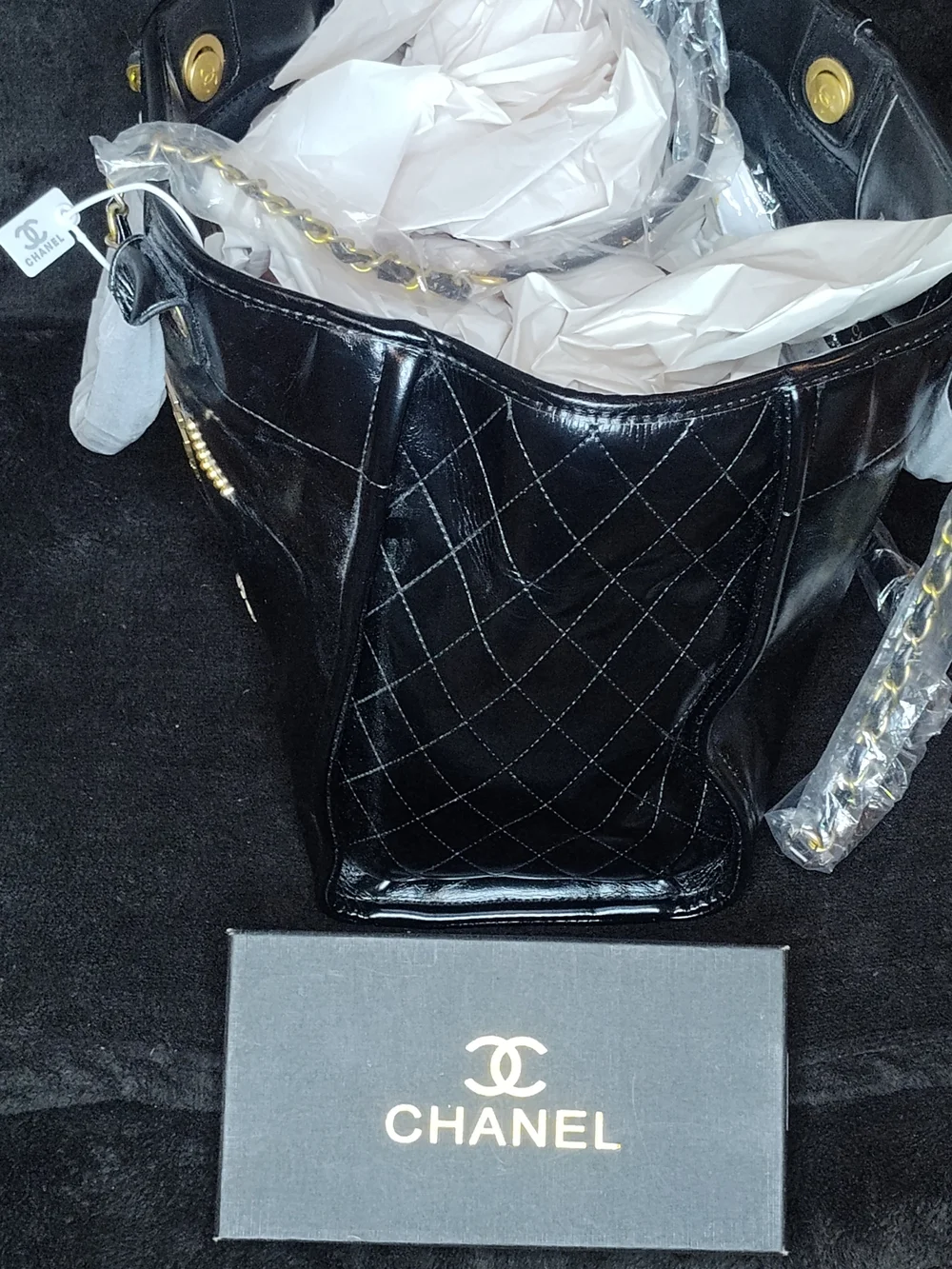 CHANEL Black Patent Quilted Tote with Gold Hardware
